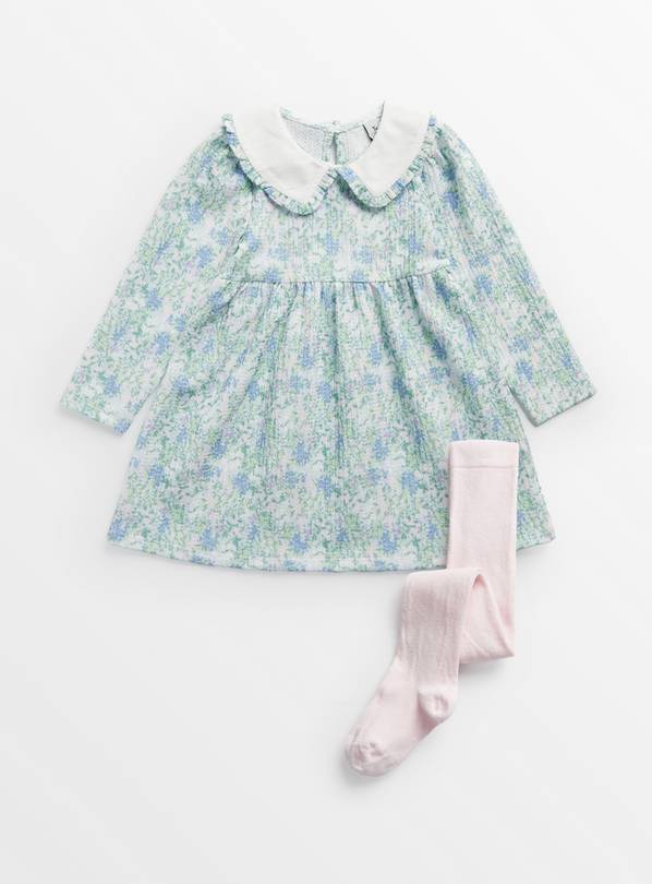 Blue Floral Crinkle Dress & Tights 4-5 years